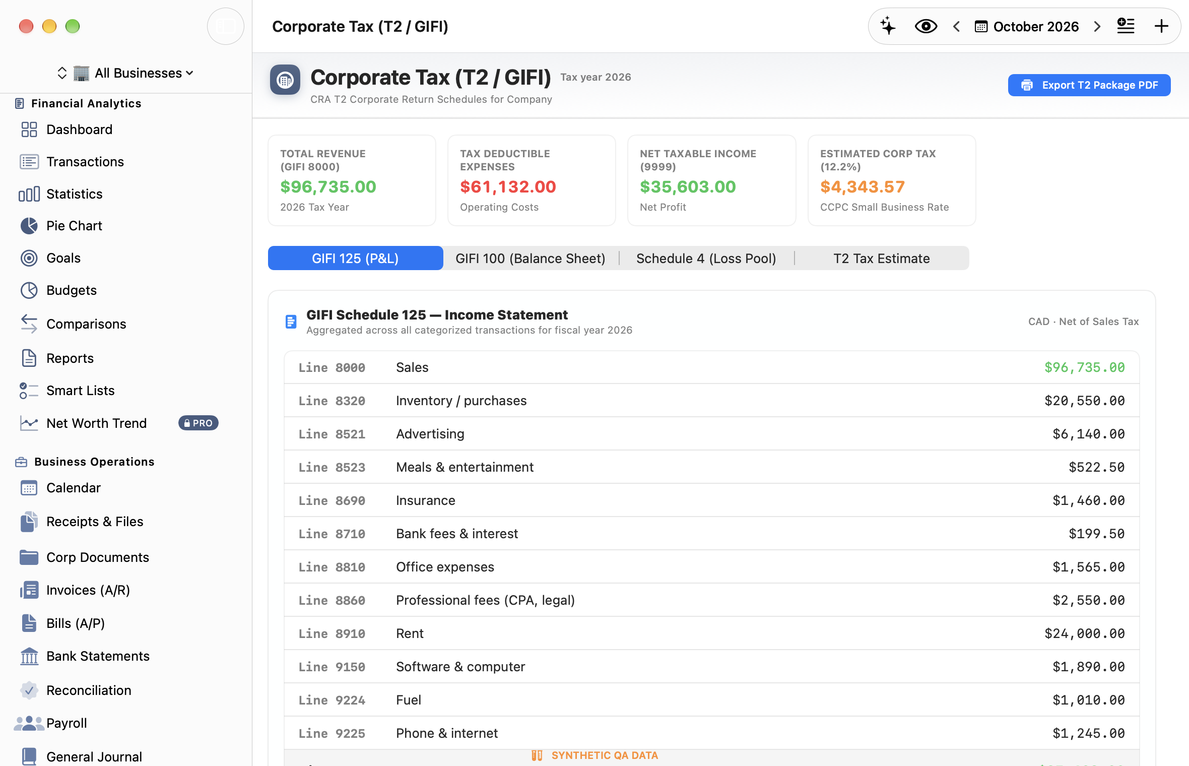 GIFI 125 Income Statement showing Line 8000, Line 8320, Line 8810, and T2 tax estimate