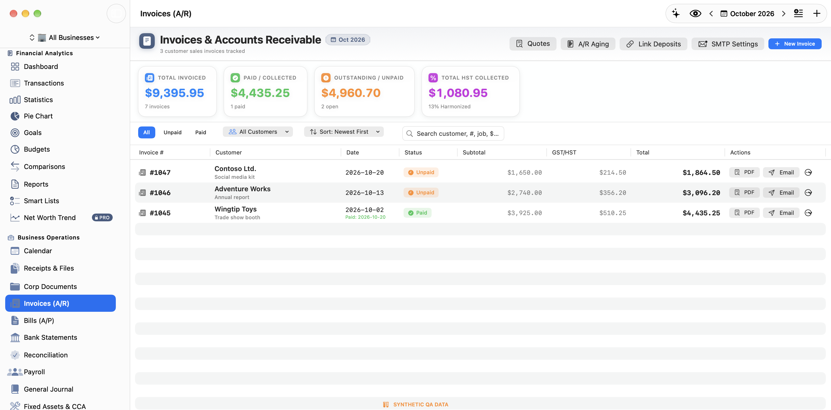 Invoices and Accounts Receivable screen showing customer status and PDF export